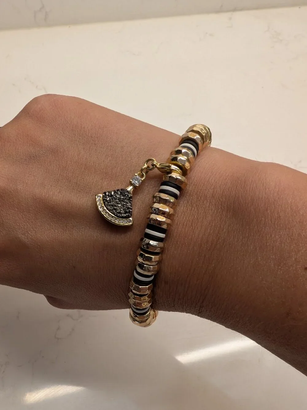 Erimish Black White Gold Stretch Bracelet Rhinestone Charm Boutique Jewelry